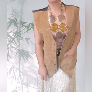 Vintage Biker Boho Western Tan  Leather Snap Button Vest
